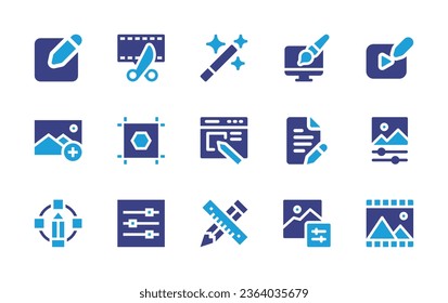Edit icon set. Duotone color. Vector illustration. Containing video editing, magic tool, graphic design, video, edit, content writing, web design, pencil, photo filter, film, add image, artboard.