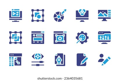 Editar conjunto de iconos. Color de duotona. Ilustración vectorial. Consta de editor de vídeo, recorte, diseño gráfico, color, diseño, editor de imágenes, diseño web, varita mágica, editor de audio, creación, usuario, editor gráfico.