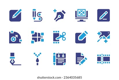 Edit icon set. Duotone color. Vector illustration. Containing write, edition, edit, drawing, anchor, film editing, notes, file, image, video editor, border, perspective, ink pen, pixel.