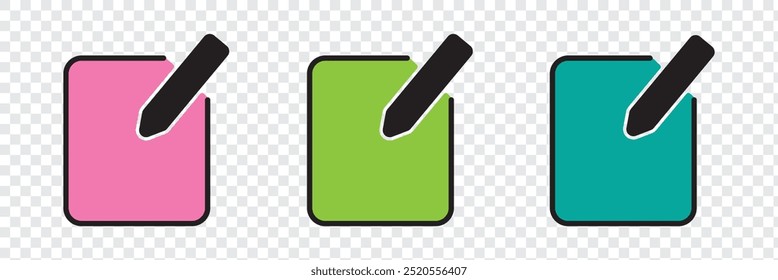 Editar conjunto de ícones. Ícone de lápis para editar o documento no Bloco de notas. ícone de lápis, ícone de inscrição. Pictograma de edição da nota de conceito comercial. Ilustração vetorial.