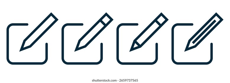 Editar conjunto de ícones. Documento de edição do Bloco de notas com ícone de lápis, ícone de inscrição. Pictograma de edição da nota de conceito comercial. Ícone Editar para Web, aplicativo, infográfico. botão Criar modificar sinal de caneta. 