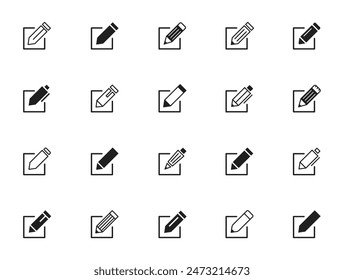 Edit icon set. Set of notepad edit documents with pencil icons. Pen icons. Editing text file documents. Sign up. Business concept note edit pictogram isolated on transparent background. Vector