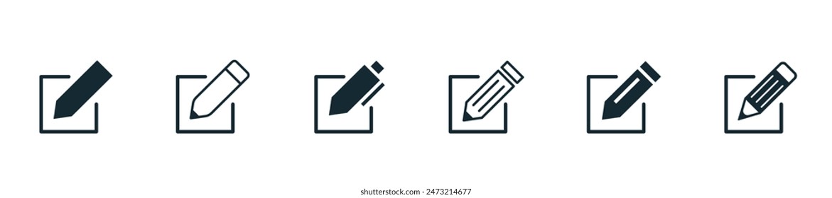 Edit icon set. Set of notepad edit documents with pencil icons. Pen icons. Editing text file documents. Sign up. Business concept note edit pictogram isolated on transparent background. Vector