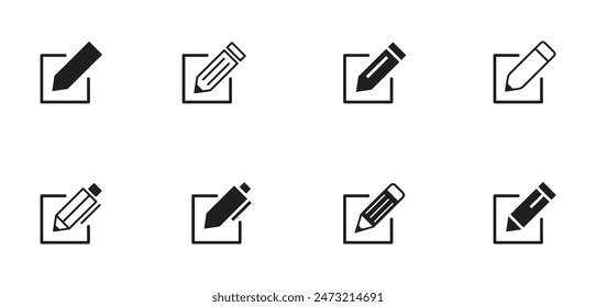 Edit icon set. Set of notepad edit documents with pencil icons. Pen icons. Editing text file documents. Sign up. Business concept note edit pictogram isolated on transparent background. Vector