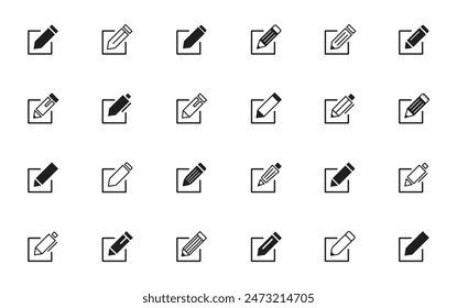 Edit icon set. Set of notepad edit documents with pencil icons. Pen icons. Editing text file documents. Sign up. Business concept note edit pictogram isolated on transparent background. Vector