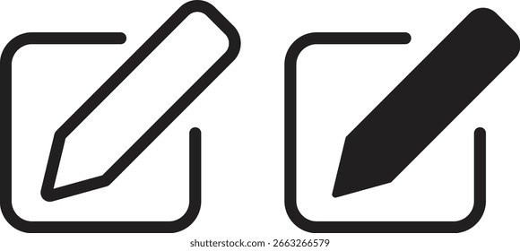 Editar conjunto de ícones. Editar botões de texto isolados no plano de fundo transparente. Ícone editar documentos do Bloco de notas com lápis e caneta. Criar botão Modificar sinal de caneta. Redação, desenho, edição de ilustração vetorial.