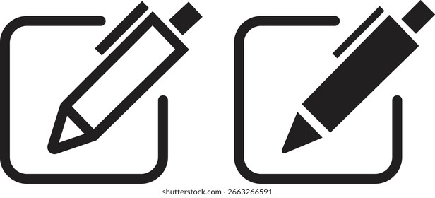 Edit icon set. Edit text buttons isolated on transparent background. Notepad edit documents icon with pencil and pen. Create modify pen sign button. Writing, drawing, editing vector illustration.