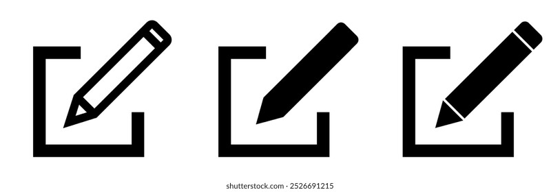 Symbolsatz bearbeiten, Vektorgrafik, Symbol zum Bearbeiten von Dokumenten, Symbol zum Bearbeiten von Text, Bleistift-Zeichen zum Bearbeiten von Dokumenten, Symbol zum Bearbeiten von Dokumenten einzeln, Symbol zum Anmelden. Geschäftskonzept Notizblock Piktogramm, Zeichen ändern.