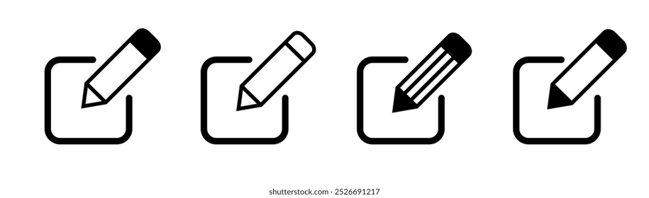 Symbolsatz bearbeiten, Vektorgrafik, Symbol zum Bearbeiten von Dokumenten, Symbol zum Bearbeiten von Text, Bleistift-Zeichen zum Bearbeiten von Dokumenten, Symbol zum Bearbeiten von Dokumenten einzeln, Symbol zum Anmelden. Geschäftskonzept Notizblock Piktogramm, Zeichen ändern.