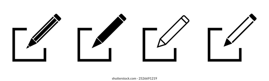 Symbolsatz bearbeiten, Vektorgrafik, Symbol zum Bearbeiten von Dokumenten, Symbol zum Bearbeiten von Text, Bleistift-Zeichen zum Bearbeiten von Dokumenten, Symbol zum Bearbeiten von Dokumenten einzeln, Symbol zum Anmelden. Geschäftskonzept Notizblock Piktogramm, Zeichen ändern.