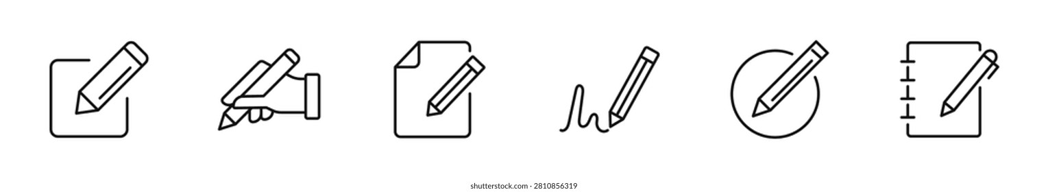 Edit icon set. Writing note icons in line style. Editable web icons writing, pencil, editor, create, adjust, note, compose, pen and document etc. Vector illustration.
