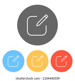 Edit icon. Square and pen. Linear, thin outline. Set of white icons on colored circles