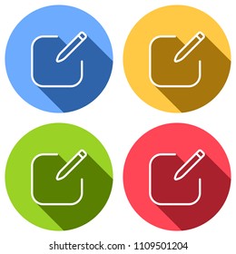 Edit icon. Square and pen. Linear, thin outline. Set of white icons with long shadow on blue, orange, green and red colored circles. Sticker style