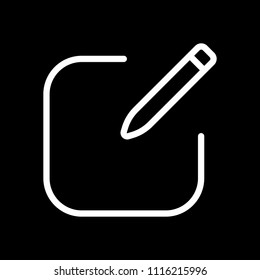 Edit icon. Square and pen. Linear, thin outline. White icon on black background. Inversion