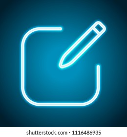 Edit icon. Square and pen. Linear, thin outline. Neon style. Light decoration icon. Bright electric symbol