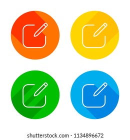 Edit icon. Square and pen. Linear, thin outline. Flat white icon on colored circles background. Four different long shadows in each corners
