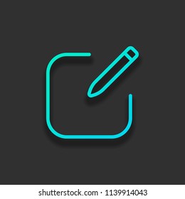 Edit icon. Square and pen. Linear, thin outline. Colorful logo concept with soft shadow on dark background. Icon color of azure ocean
