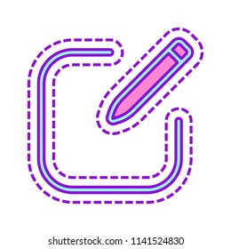 Edit icon. Square and pen. Linear, thin outline. Colored sketch with dotted border on white background
