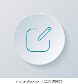 Edit icon. Square and pen. Linear, thin outline. Cut circle with gray and blue layers. Paper style