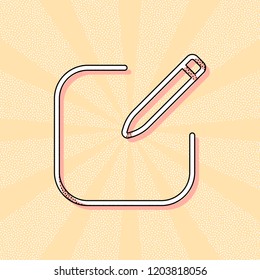 Edit icon. Square and pen. Linear, thin outline. Vintage retro typography with offset printing effect. Dots poster with comics pop art background