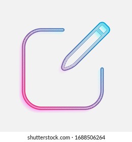 Edit icon. Square and pen. Linear, thin outline. Technology logo with diagonal lines and colored gradient. Neon graphic, light effect. Blue and red colors