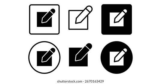 Editar Icons Lápiz y Cuadrado en Varias Formas Diseño de Vector en Color Blanco y Negro