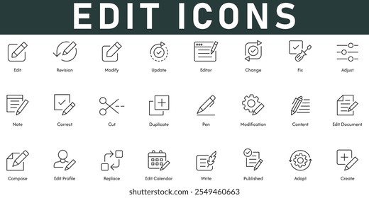 Editar ícones ilustração de vetor com linha fina editável traçado contém revisão modificar atualizar corrigir alterar ajustar nota criar adaptar publicar editar calendário substituir redigir duplicata