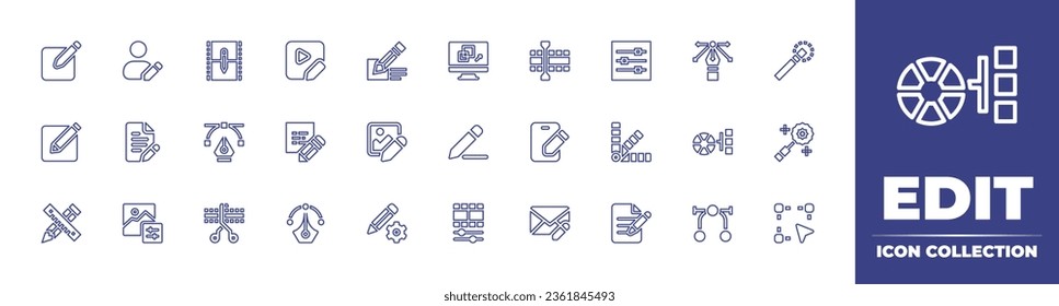 Edit line icon collection. Editable stroke. Vector illustration. Containing editing, user avatar, edit image, pencil, video editor, file, edit, content writing, edit video, write, photo filter.