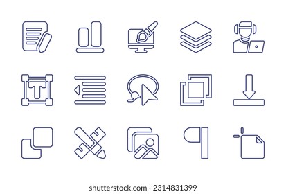 Edit line icon set. Editable stroke. Vector illustration. Containing copy writing, align center, graphic design, layer, editor, text editor, lasso tool, merge, vertical alignment, expand, content.