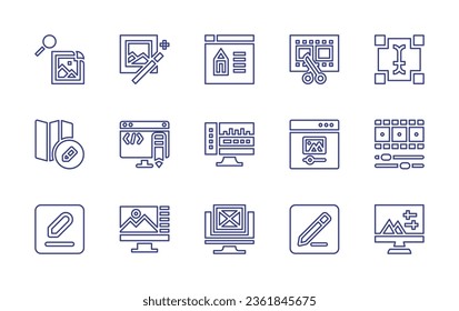 Edit line icon set. Editable stroke. Vector illustration. Containing dodge, photo editing, browser, video editing, text, map, code, audio editing, photo edit, video edition, edit.