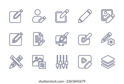 Edit line icon set. Editable stroke. Vector illustration. Containing editing, user avatar, edit, pencil, edit image, content writing, graphic design, video, photo filter, mixer, layer.
