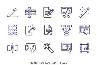 Edit line icon set. Editable stroke. Vector illustration. Containing pencil, video editor, file, video editing, magic tool, edit video, write, edit file, vector, web design, flip, write mail, wand.