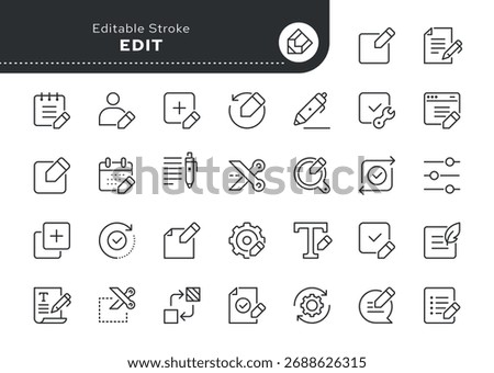 Edit line icon set. Editing, editor, create, correct, fix, write and more. Outline icon in linear style. Vector collection.	
