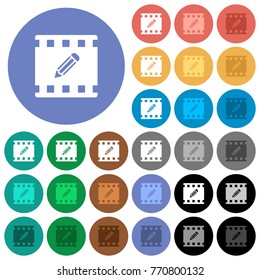 Edit movie multi colored flat icons on round backgrounds. Included white, light and dark icon variations for hover and active status effects, and bonus shades on black backgounds.