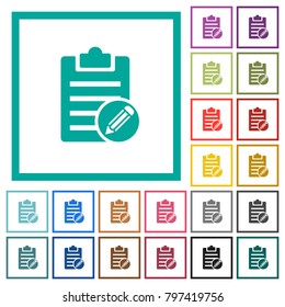 Edit note flat color icons with quadrant frames on white background