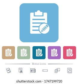 Edit note white flat icons on color rounded square backgrounds. 6 bonus icons included