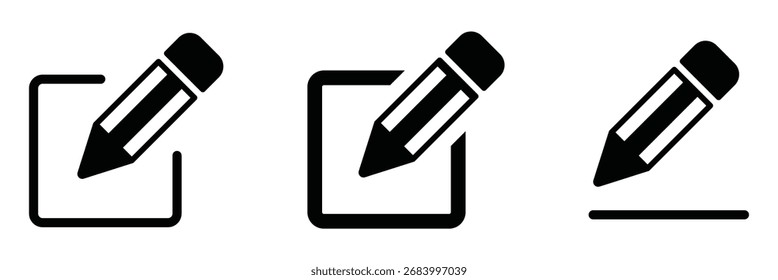 Stiftsymbolsatz bearbeiten. Editor Dokument mit Bleistiftsymbol bearbeiten Bleistiftsymbol, Anmeldesymbol. Piktogramm zum Bearbeiten von Geschäftskonzepten Vektorgrafik. EPS 10