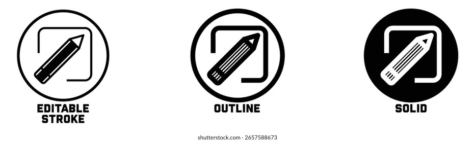 Conjunto de iconos de lápiz de Editar. Crear y modificar Botones de signo de lápiz Escribir, dibujar, editar iconos. Ilustración vectorial.