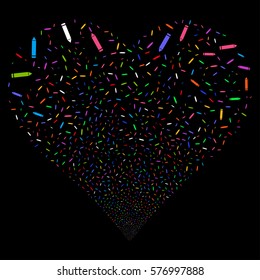 Edit Pencil fireworks with heart shape. Vector illustration style is flat bright multicolored iconic symbols on a black background. Object stream constructed from scattered symbols.