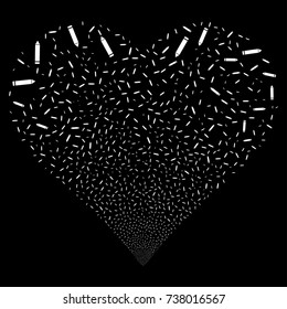 Edit Pencil fireworks with heart shape. Vector illustration style is flat white iconic symbols on a black background. Object heart constructed from random symbols.