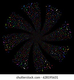Edit Pencil fireworks swirl rotation. Vector illustration style is flat bright multicolored iconic symbols on a black background. Object whirlpool organized from random icons.