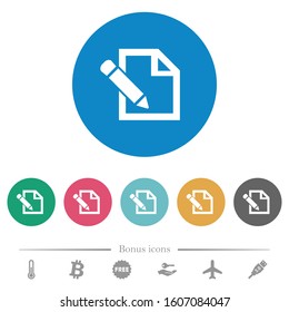 Edit with pencil flat white icons on round color backgrounds. 6 bonus icons included.