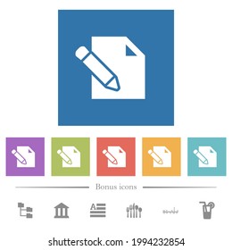 Edit with pencil flat white icons in square backgrounds. 6 bonus icons included.
