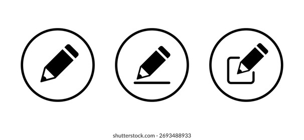 Edit pencil icon set in circular outline. Writing and drawing symbol