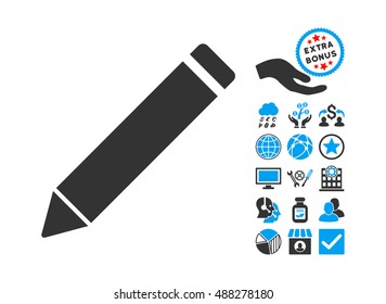 Edit Pencil pictograph with bonus elements. Vector illustration style is flat iconic bicolor symbols, blue and gray colors, white background.