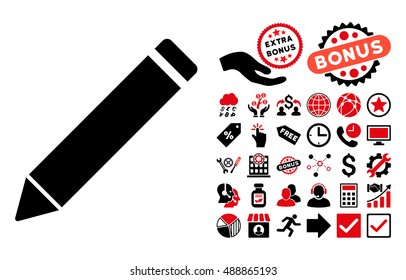 Edit Pencil pictograph with bonus elements. Vector illustration style is flat iconic bicolor symbols, intensive red and black colors, white background.