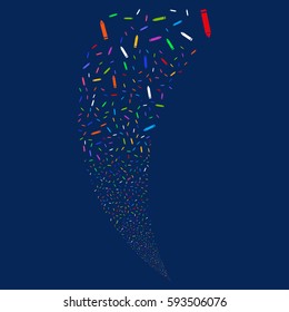 Edit Pencil random fireworks stream. Vector illustration style is flat bright multicolored iconic symbols on a blue background. Object fountain organized from scattered design elements.