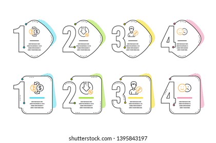 Edit person, Loan percent and Bitcoin exchange icons simple set. Like sign. Change user info, Decrease rate, Cryptocurrency change. Social media dislike. Technology set. Infographic timeline. Vector