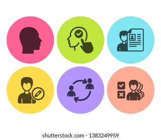 Edit person, User communication and Head icons simple set. Job interview, Select user and Opinion signs. Human resources, Human profile. People set. Flat edit person icon. Circle button. Vector