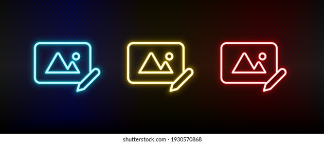 edit, photo neon icon set. Set of red, blue, yellow neon vector icon